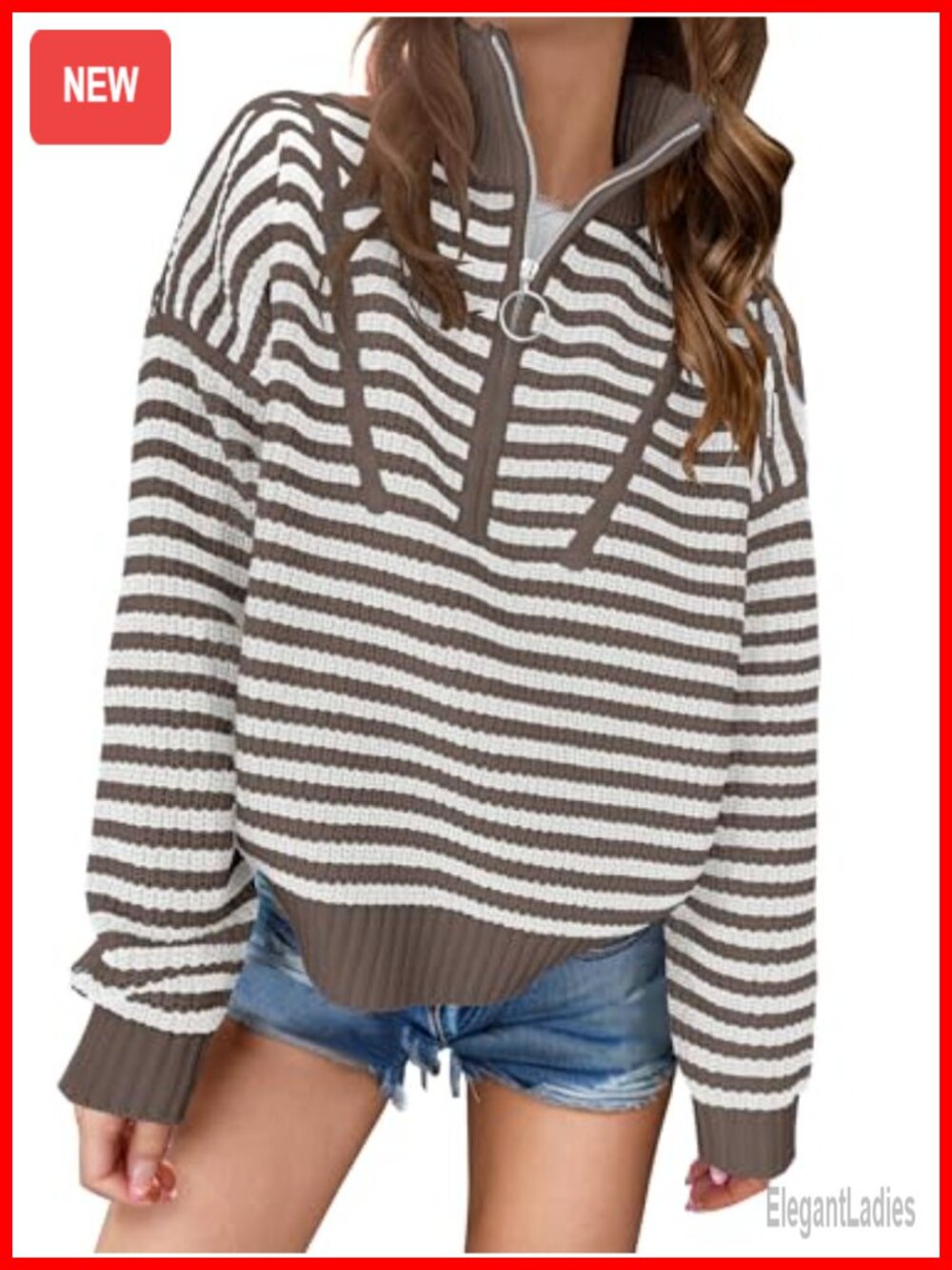 Womens Striped Quarter Zip Sweater Pullover Loose Knit Fall